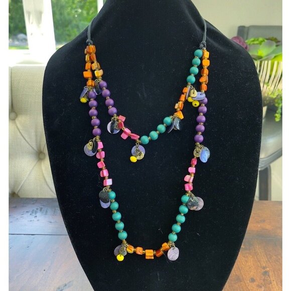 Vintage Jewelry - Vintage Double Strand Statement Necklace Boho Wood Bead Shells Jewels Multicolor
